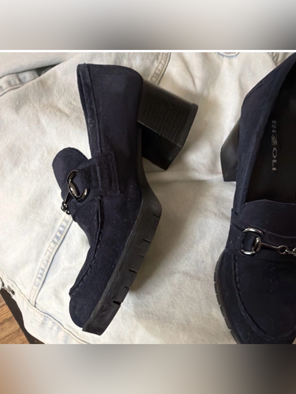 RIZZOLI Navy Suede Horsebit Block Heel Pumps Women's Almond size size 40 USA - Picture 2 of 9